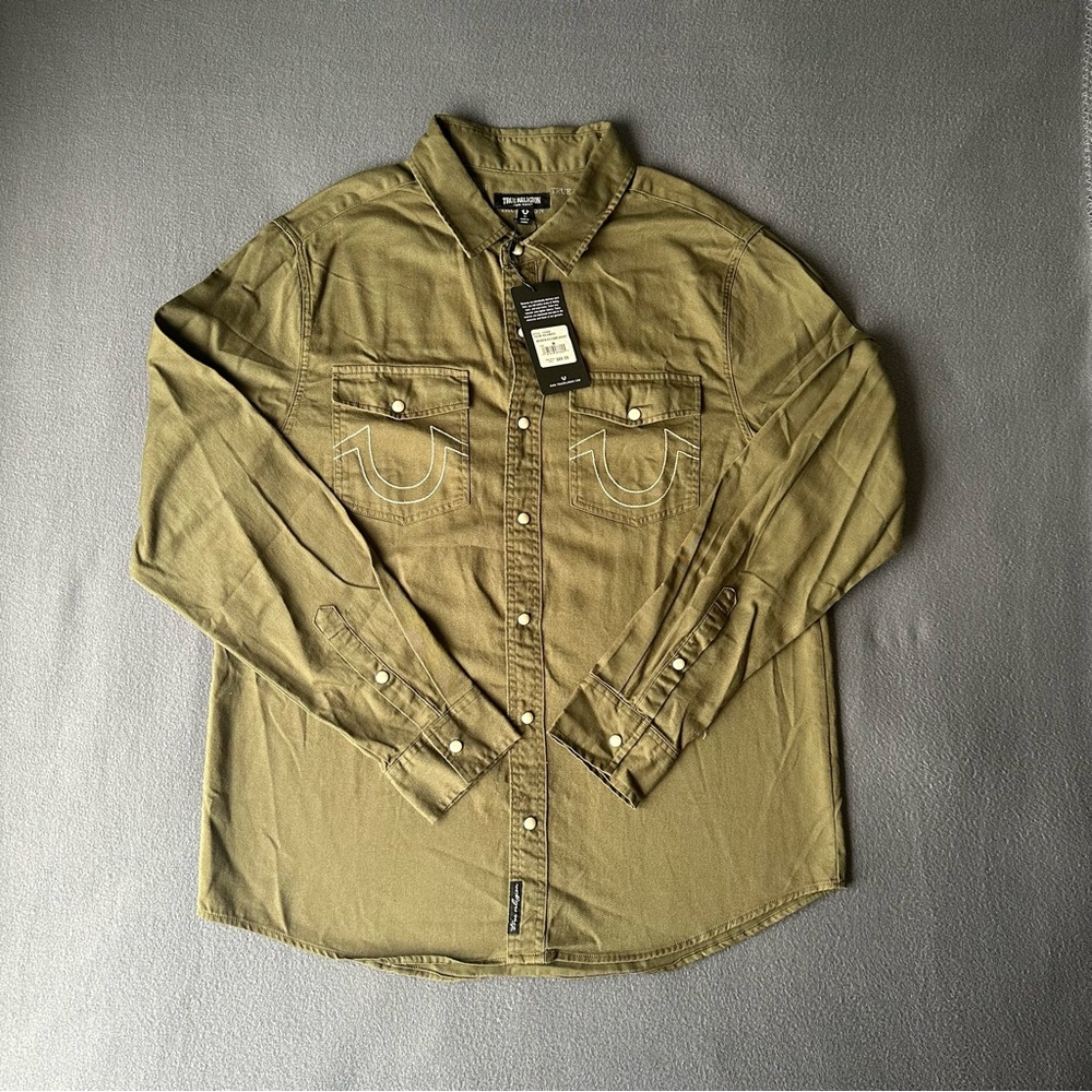 True Religion Kalamata Men's Woven Long Sleeve Pearl Snap Shirt Green Medium NEW